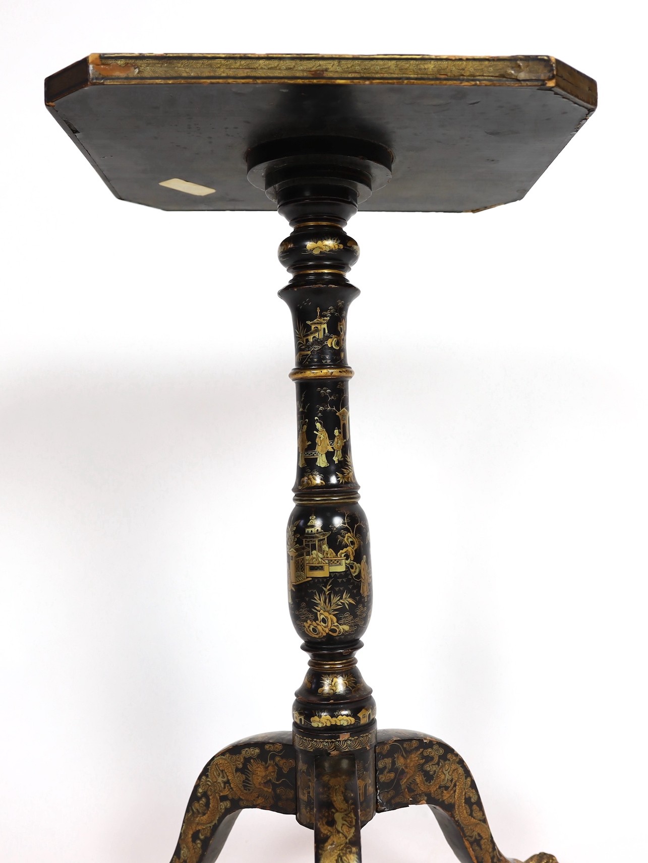 A Chinese export gilt-decorated black lacquer wine table, c.1840, 38 x 31.5cm, height 69cm